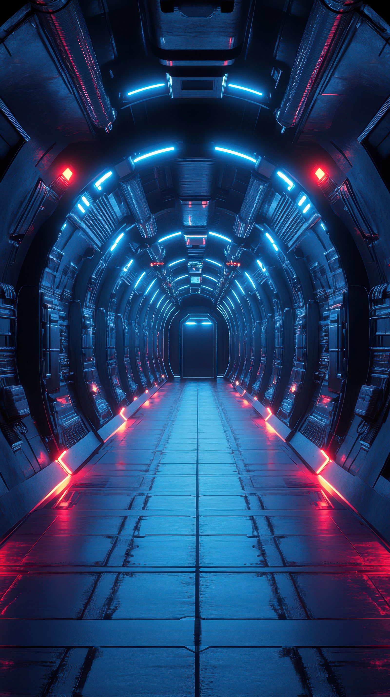 Futuristic corridor with vibrant neon lights in a sci-fi setting at an unknown time